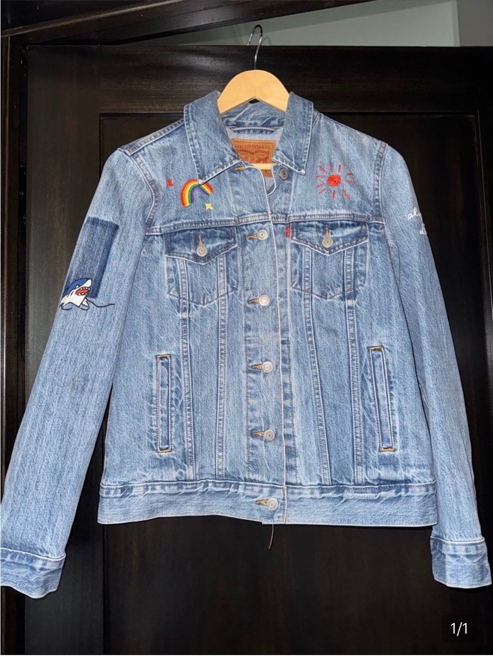 Levi’s Embroidered Denim Jacket with Rainbow & Shark Accents